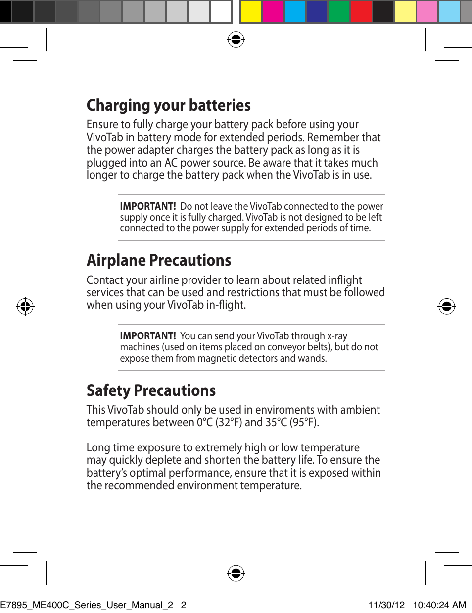 Charging your batteries, Airplane precautions, Safety precautions | Asus VivoTab Smart User Manual | Page 2 / 22