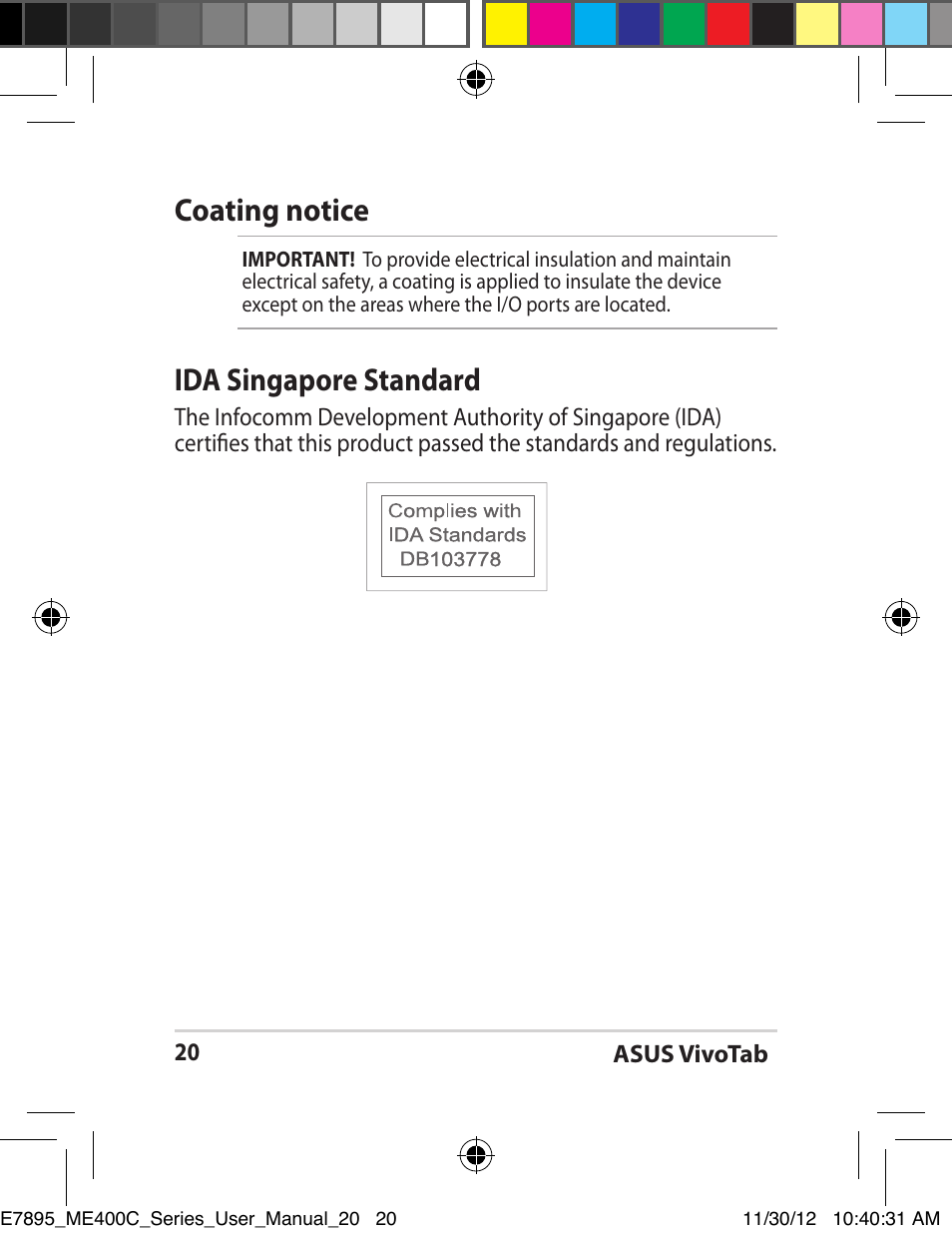 Ida singapore standard, Coating notice | Asus VivoTab Smart User Manual | Page 20 / 22