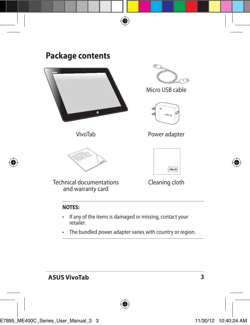 Package contents | Asus VivoTab Smart User Manual | Page 3 / 22