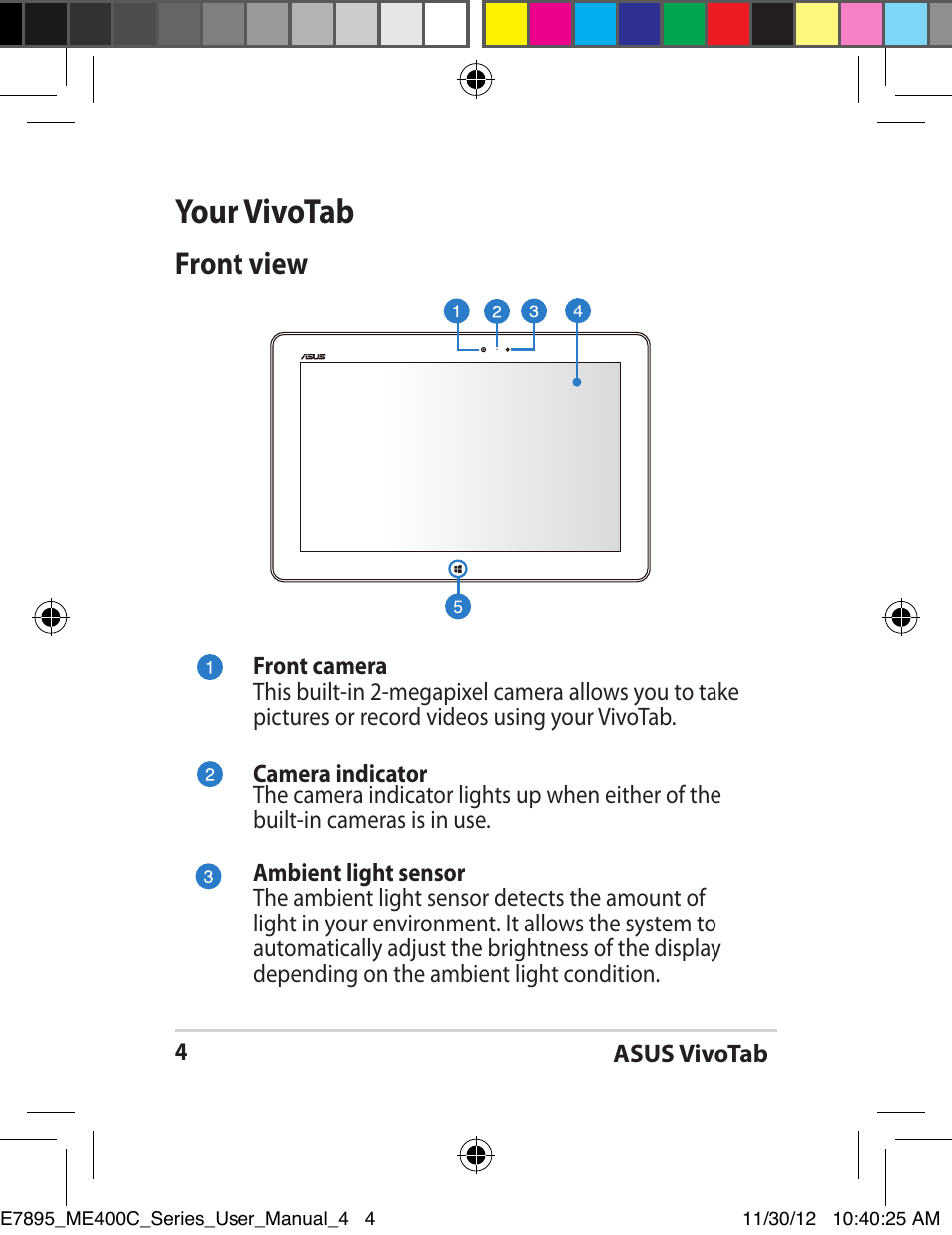 Your vivotab, Front view | Asus VivoTab Smart User Manual | Page 4 / 22