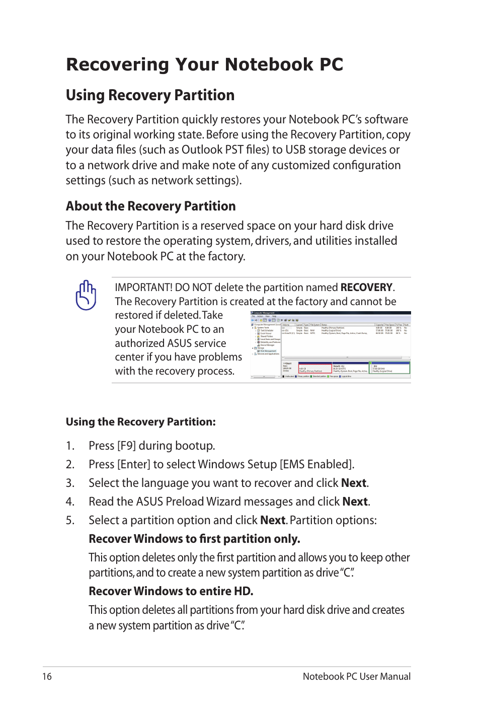 Recovering your notebook pc, Using recovery partition | Asus K42JB User Manual | Page 16 / 30