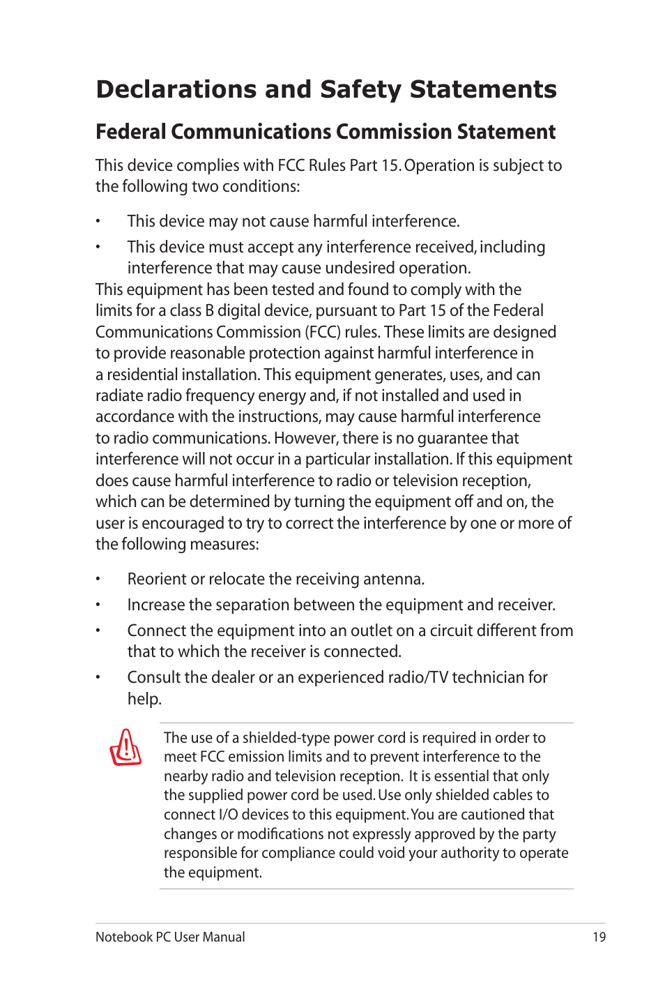 Declarations and safety statements, Federal communications commission statement | Asus K42JB User Manual | Page 19 / 30