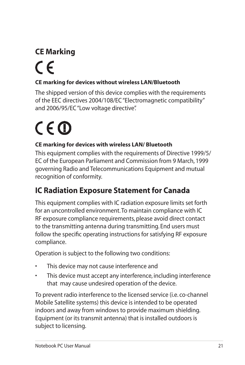 Ce marking, Ic radiation exposure statement for canada | Asus K42JB User Manual | Page 21 / 30