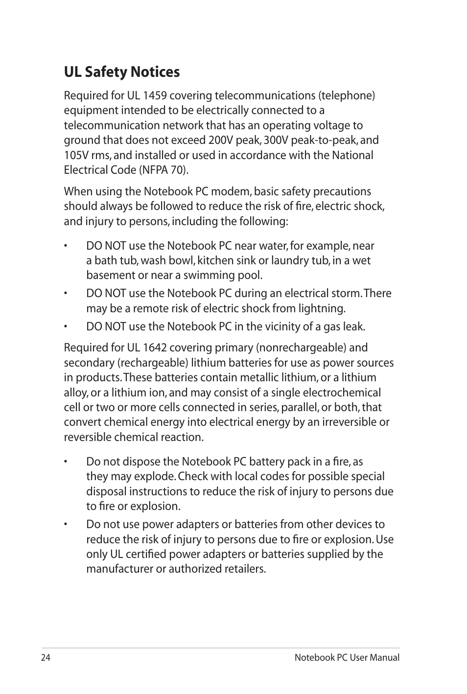 Ul safety notices | Asus K42JB User Manual | Page 24 / 30