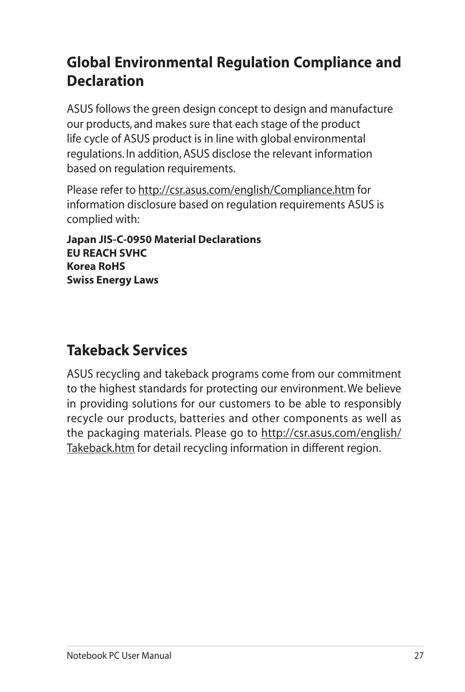 Takeback services | Asus K42JB User Manual | Page 27 / 30