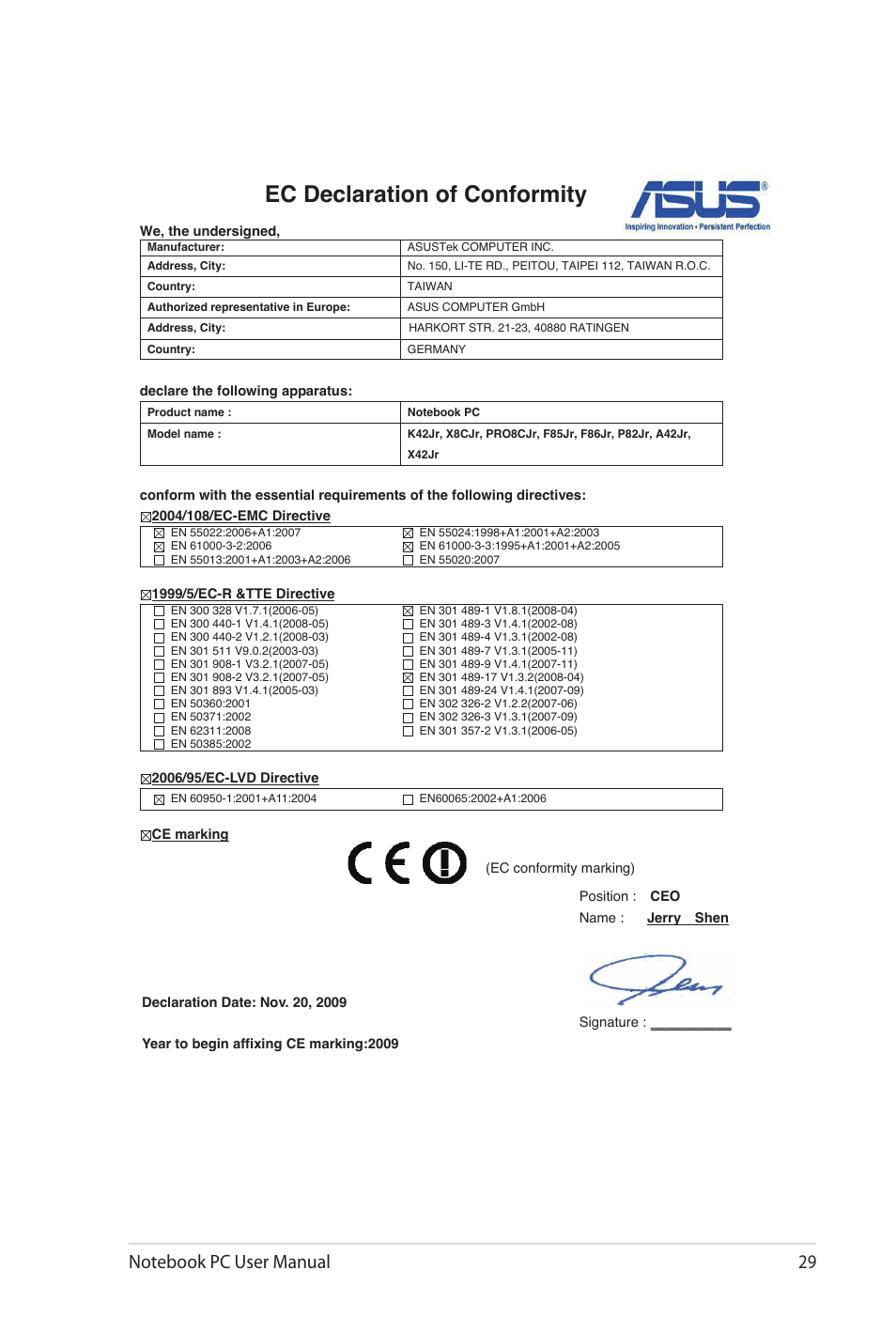 Ec declaration of conformity | Asus K42JB User Manual | Page 29 / 30