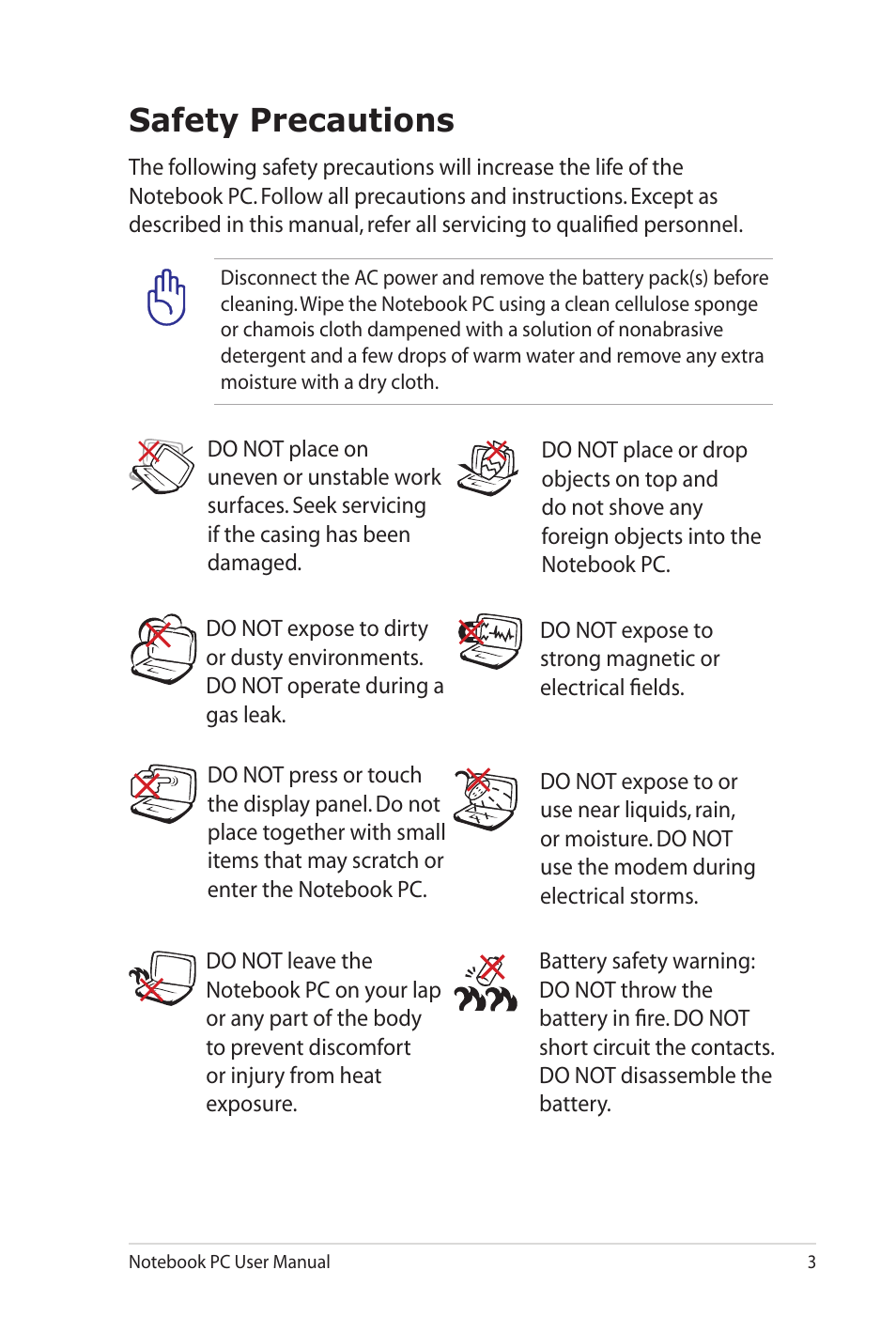 Safety precautions | Asus K42JB User Manual | Page 3 / 30