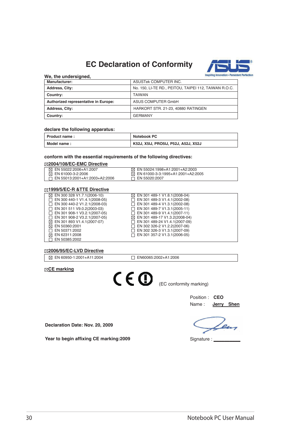 Ec declaration of conformity | Asus K42JB User Manual | Page 30 / 30