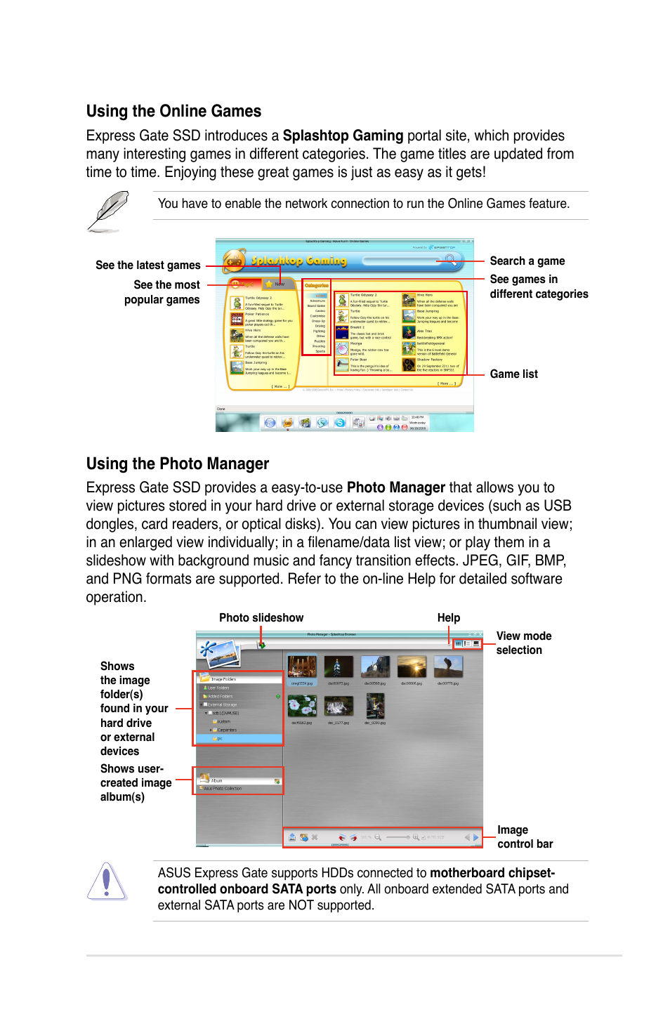 Using the photo manager, Using the online games | Asus Application Manual User Manual | Page 7 / 9