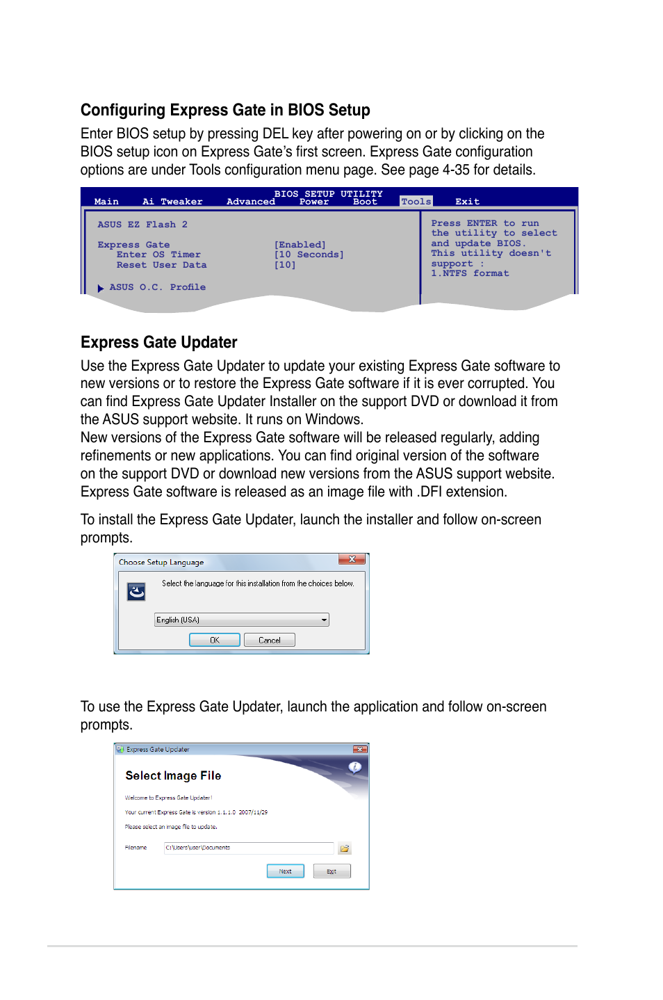 Configuring express gate in bios setup, Express gate updater | Asus Application Manual User Manual | Page 8 / 9