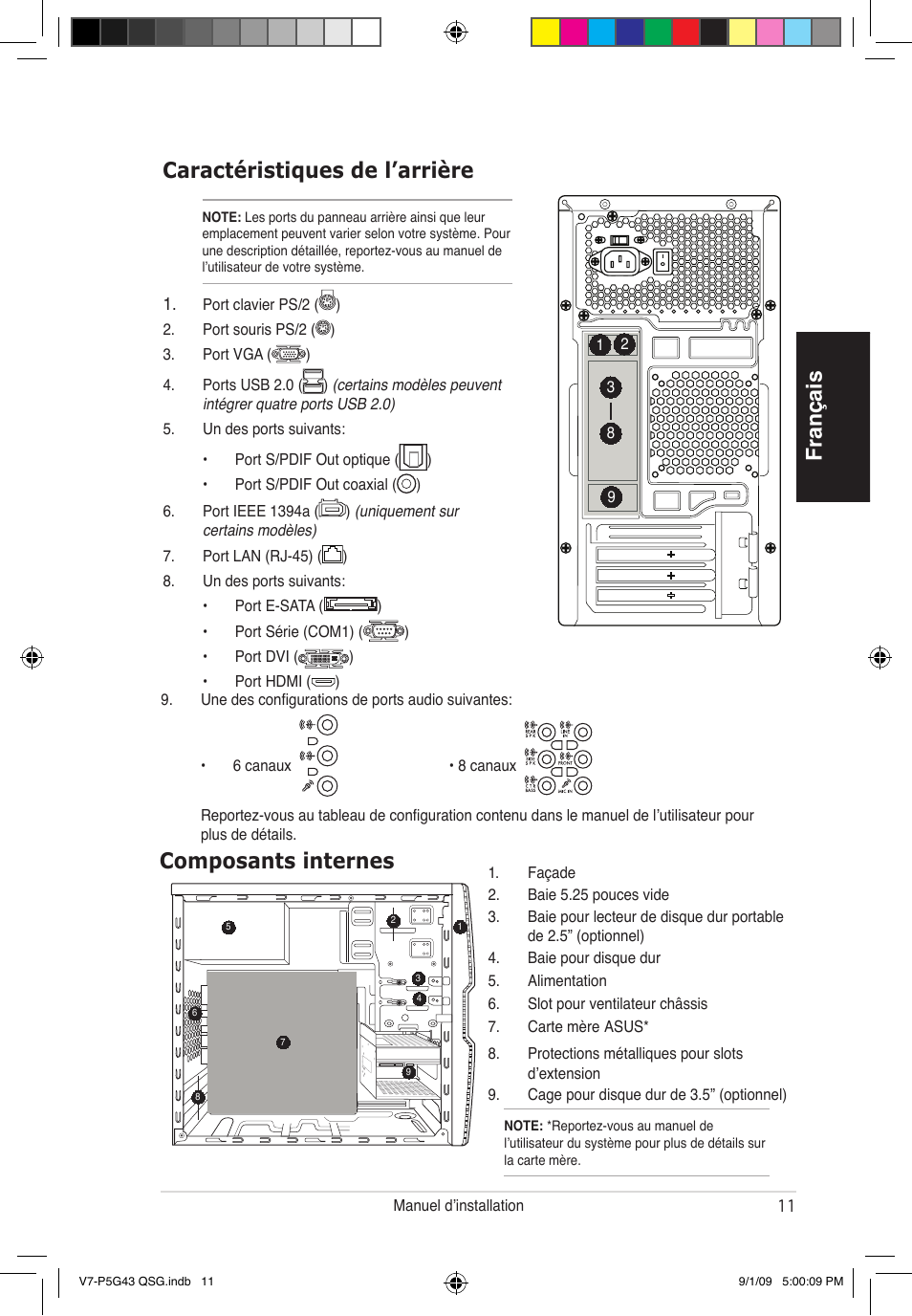 Français caractéristiques de l’arrière, Composants internes | Asus V6-P5G31E User Manual | Page 11 / 80