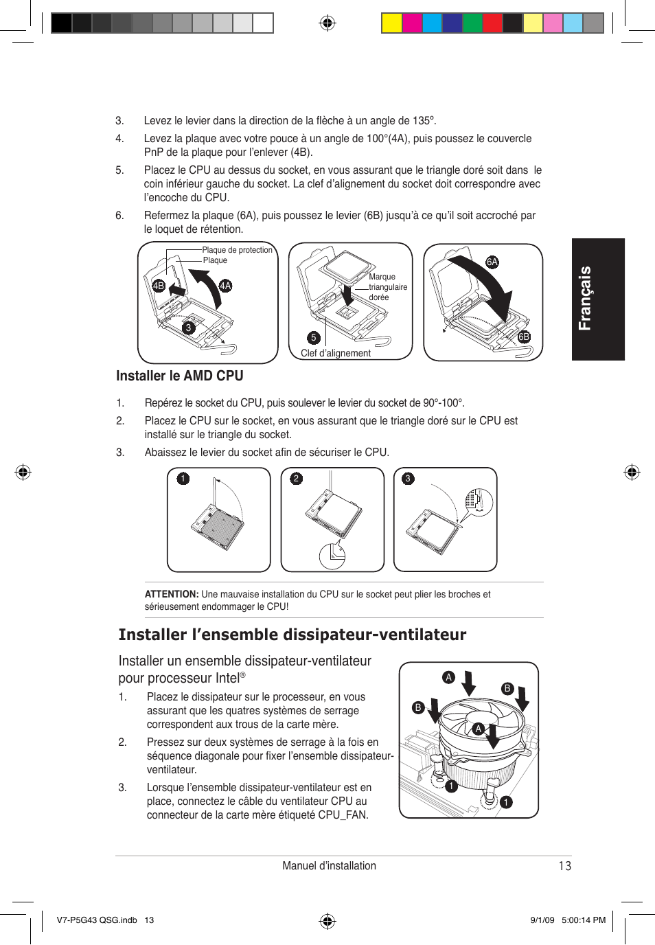 Français, Installer l’ensemble dissipateur-ventilateur, Installer le amd cpu | Asus V6-P5G31E User Manual | Page 13 / 80