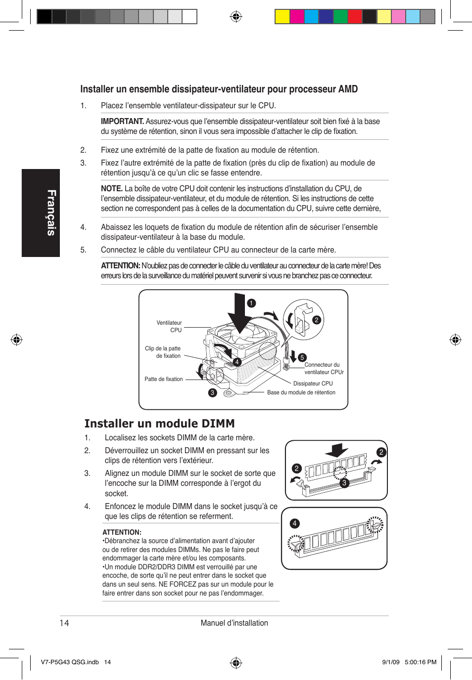 Français, Installer un module dimm | Asus V6-P5G31E User Manual | Page 14 / 80