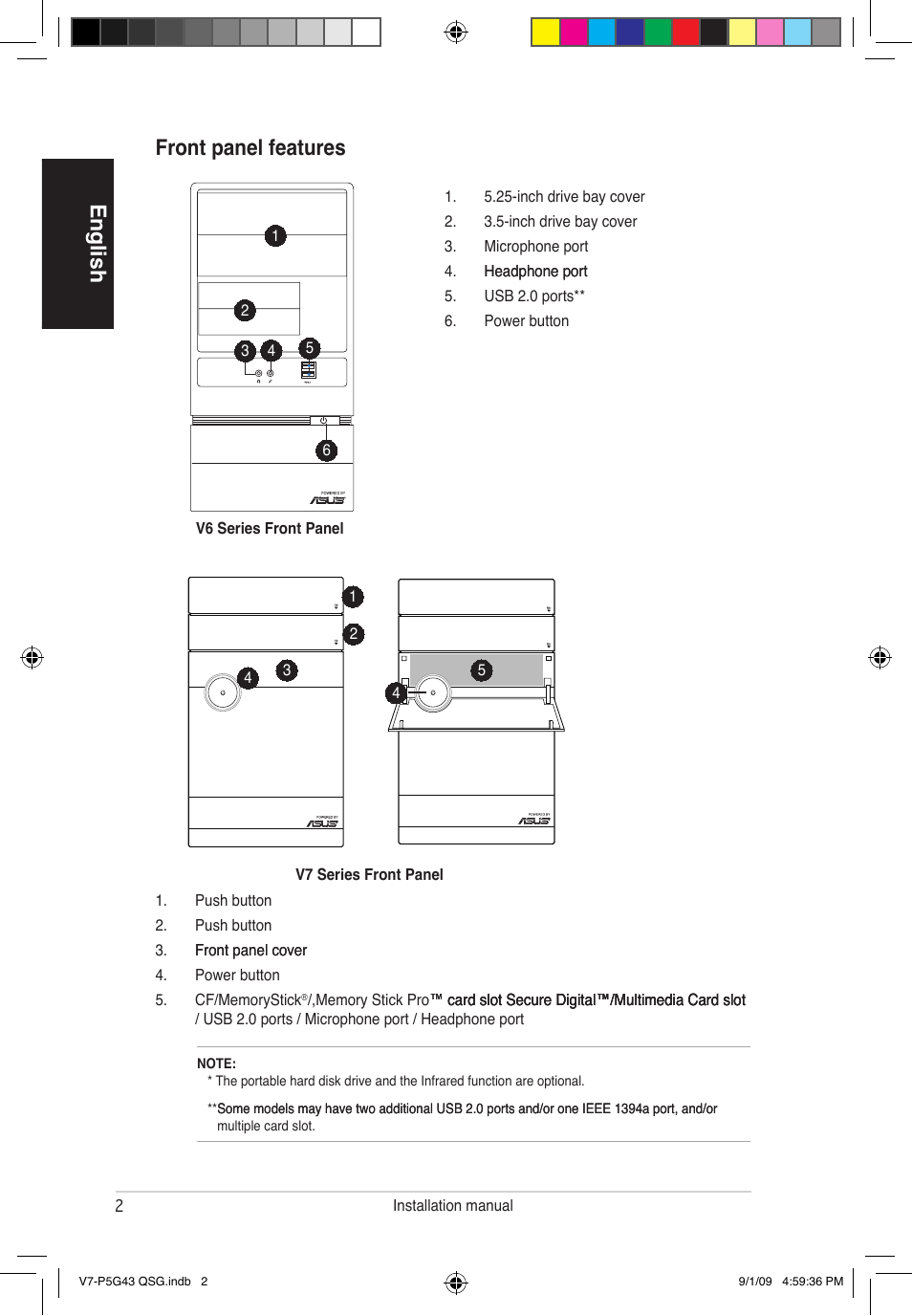 English front panel features | Asus V6-P5G31E User Manual | Page 2 / 80