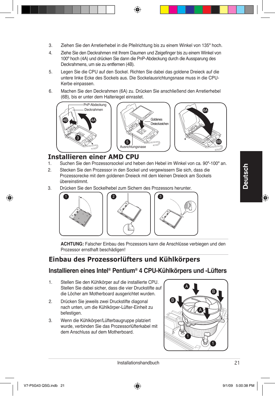 Deutsch, Installieren einer amd cpu, Pentium | 4 cpu-kühlkörpers und -lüfters | Asus V6-P5G31E User Manual | Page 21 / 80