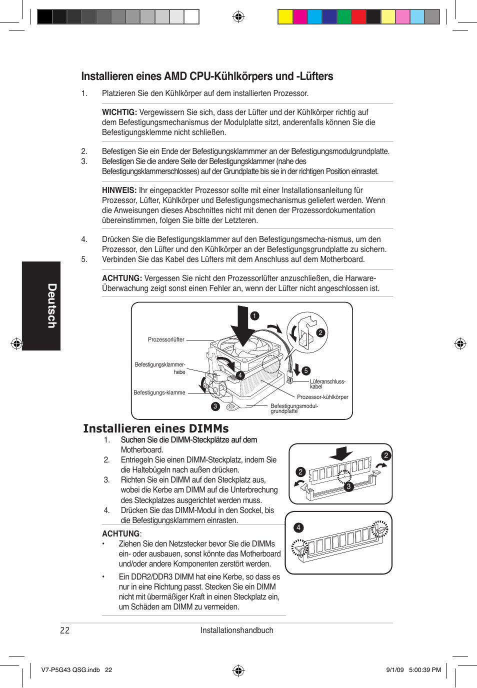 Installieren eines dimms | Asus V6-P5G31E User Manual | Page 22 / 80