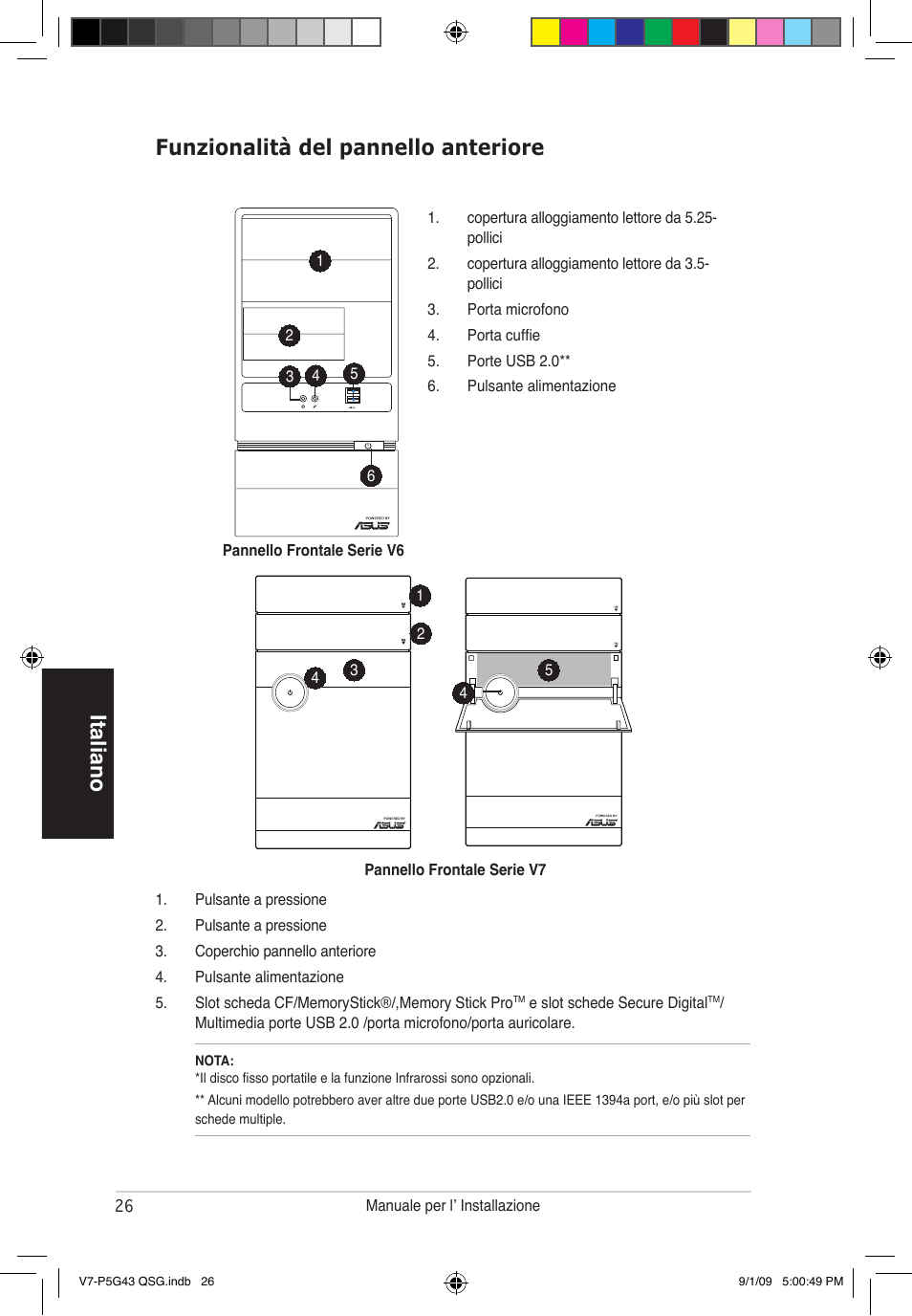 Italiano funzionalità del pannello anteriore | Asus V6-P5G31E User Manual | Page 26 / 80