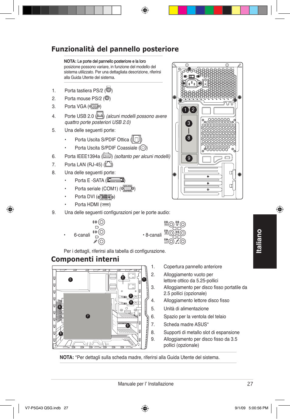 Italiano funzionalità del pannello posteriore, Componenti interni | Asus V6-P5G31E User Manual | Page 27 / 80