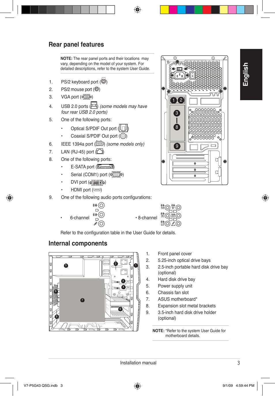 English rear panel features, Internal components | Asus V6-P5G31E User Manual | Page 3 / 80