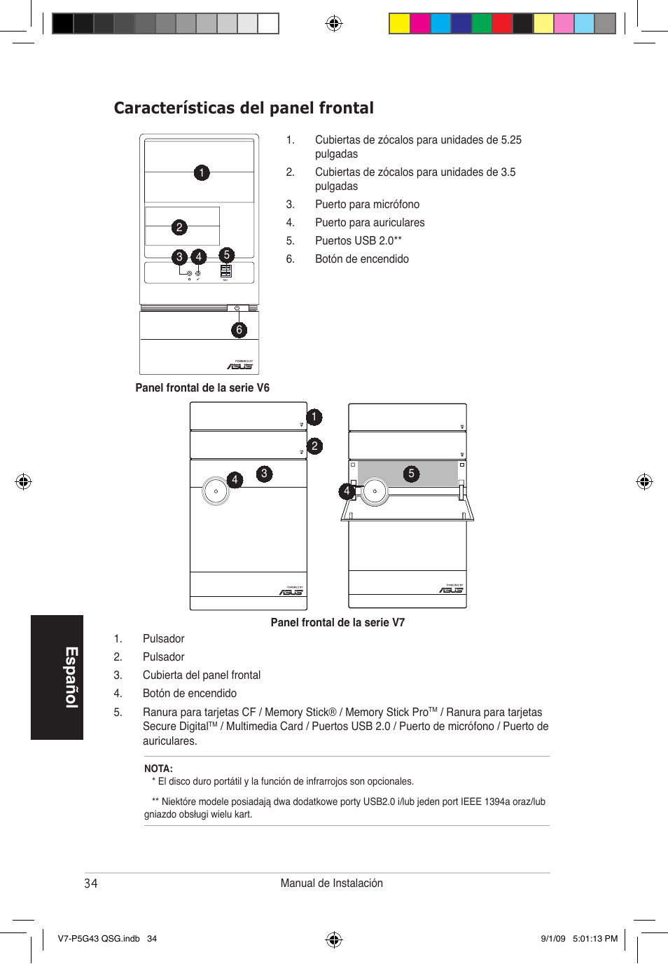 Español características del panel frontal | Asus V6-P5G31E User Manual | Page 34 / 80