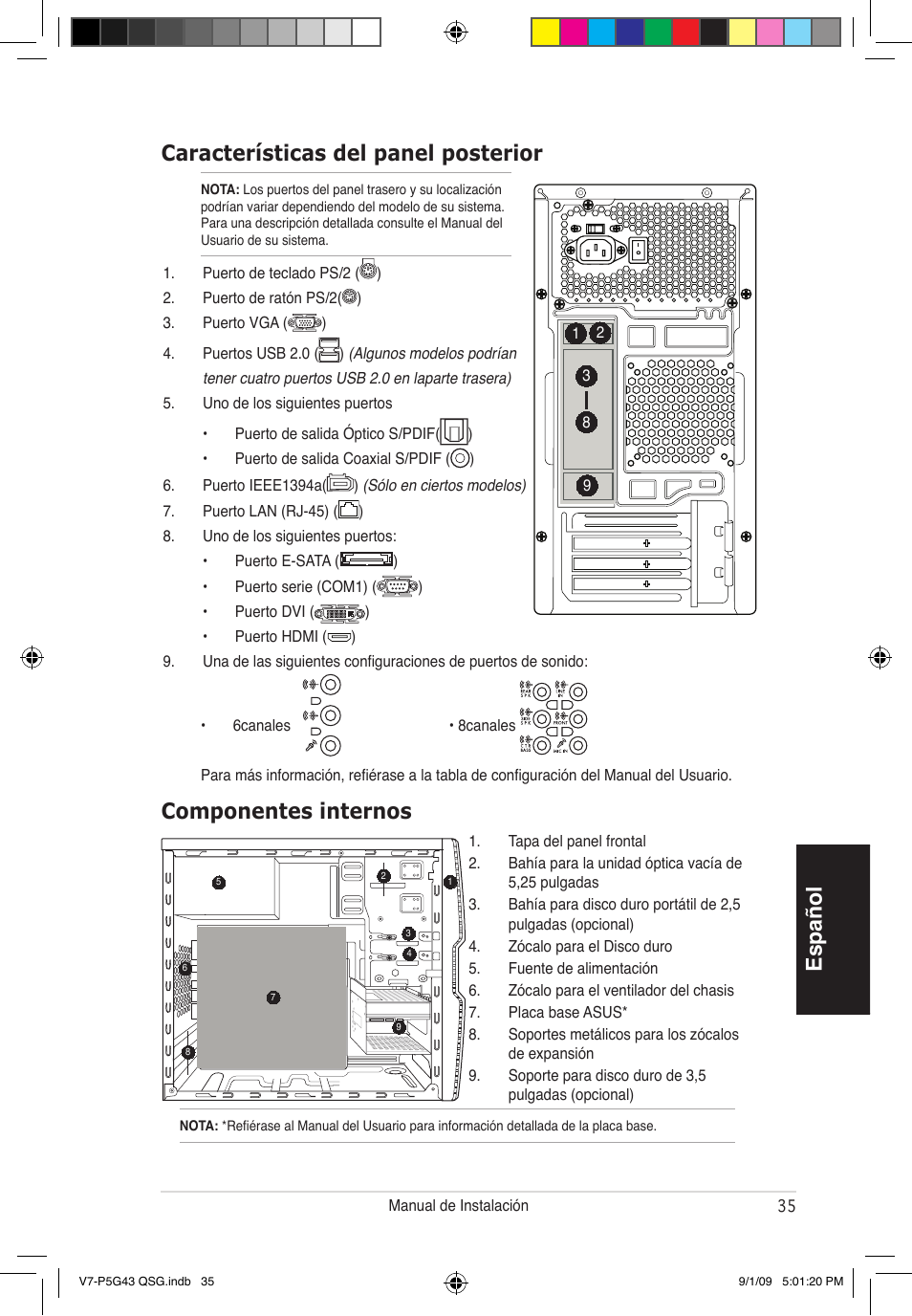 Español características del panel posterior, Componentes internos | Asus V6-P5G31E User Manual | Page 35 / 80