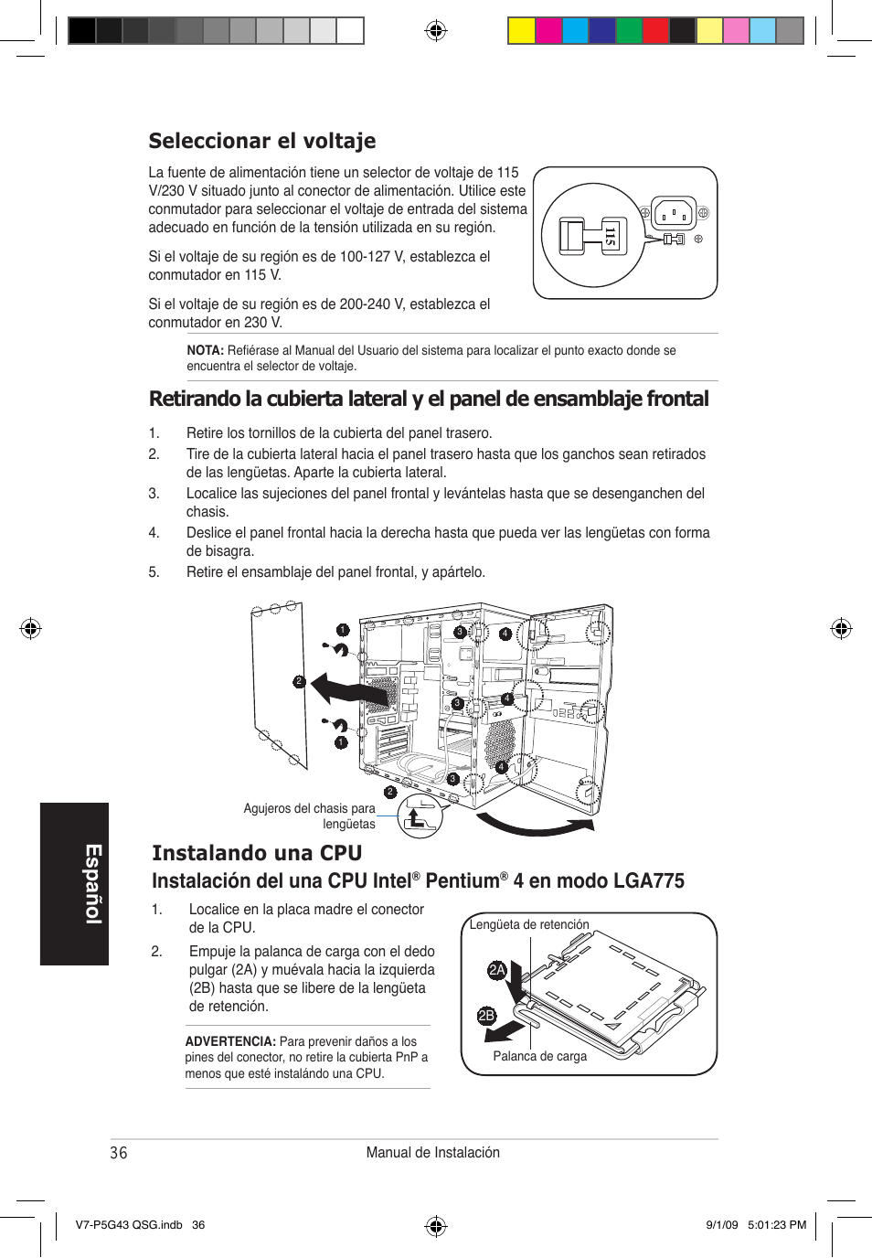 Español seleccionar el voltaje, Instalando una cpu instalación del una cpu intel, Pentium | 4 en modo lga775 | Asus V6-P5G31E User Manual | Page 36 / 80