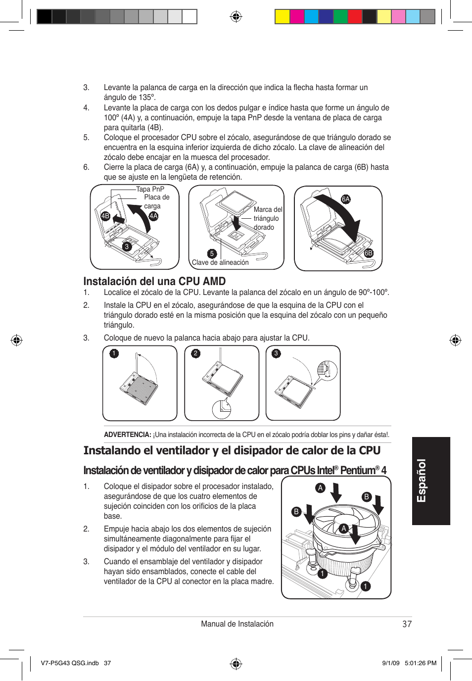 Español, Instalación del una cpu amd, Pentium | Asus V6-P5G31E User Manual | Page 37 / 80