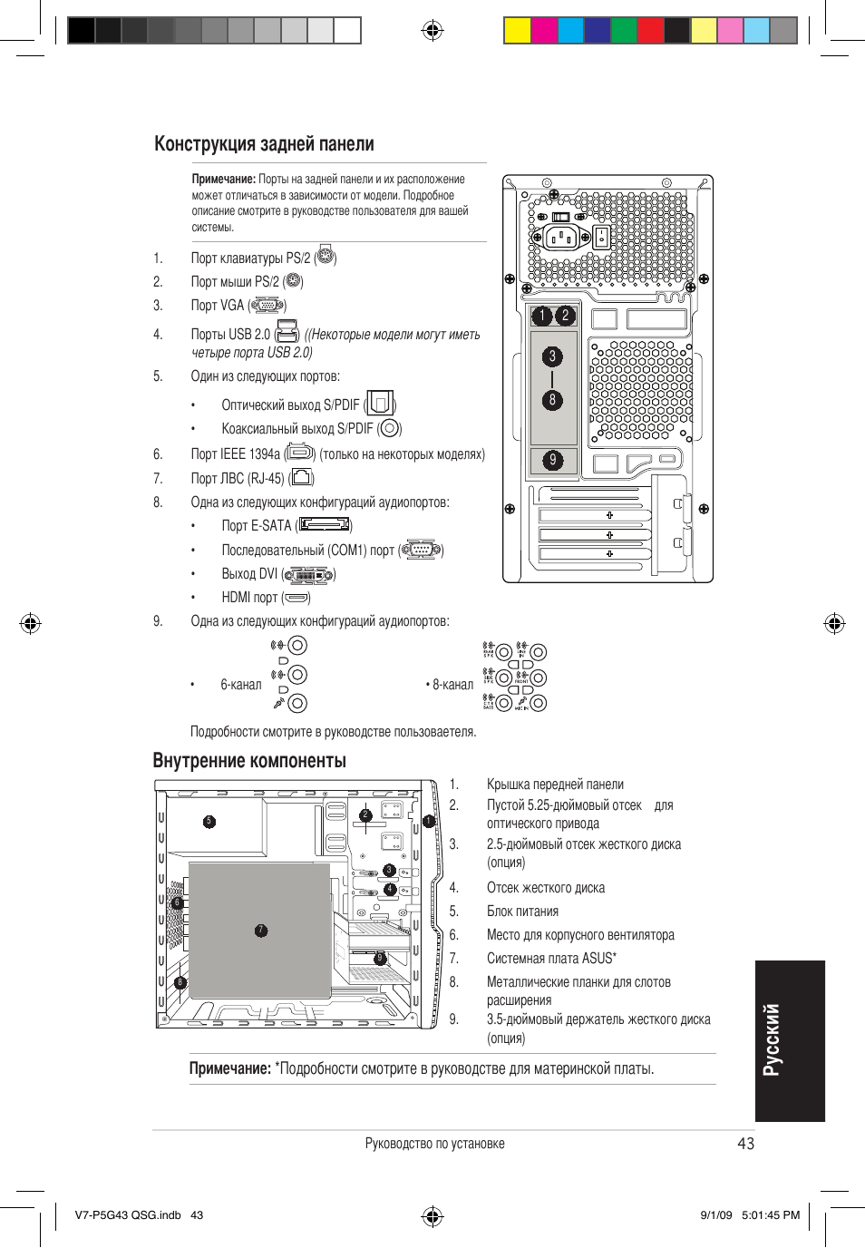 Ру сс ки й конструкция задней панели, Внутренние компоненты | Asus V6-P5G31E User Manual | Page 43 / 80