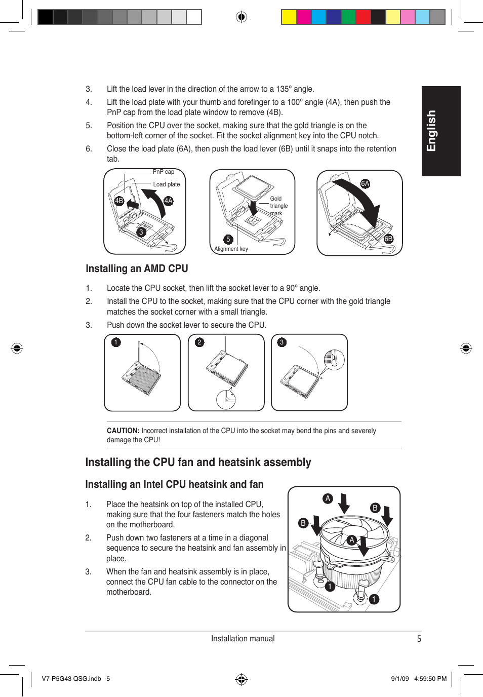 English, Installing the cpu fan and heatsink assembly, Installing an amd cpu | Installing an intel cpu heatsink and fan | Asus V6-P5G31E User Manual | Page 5 / 80