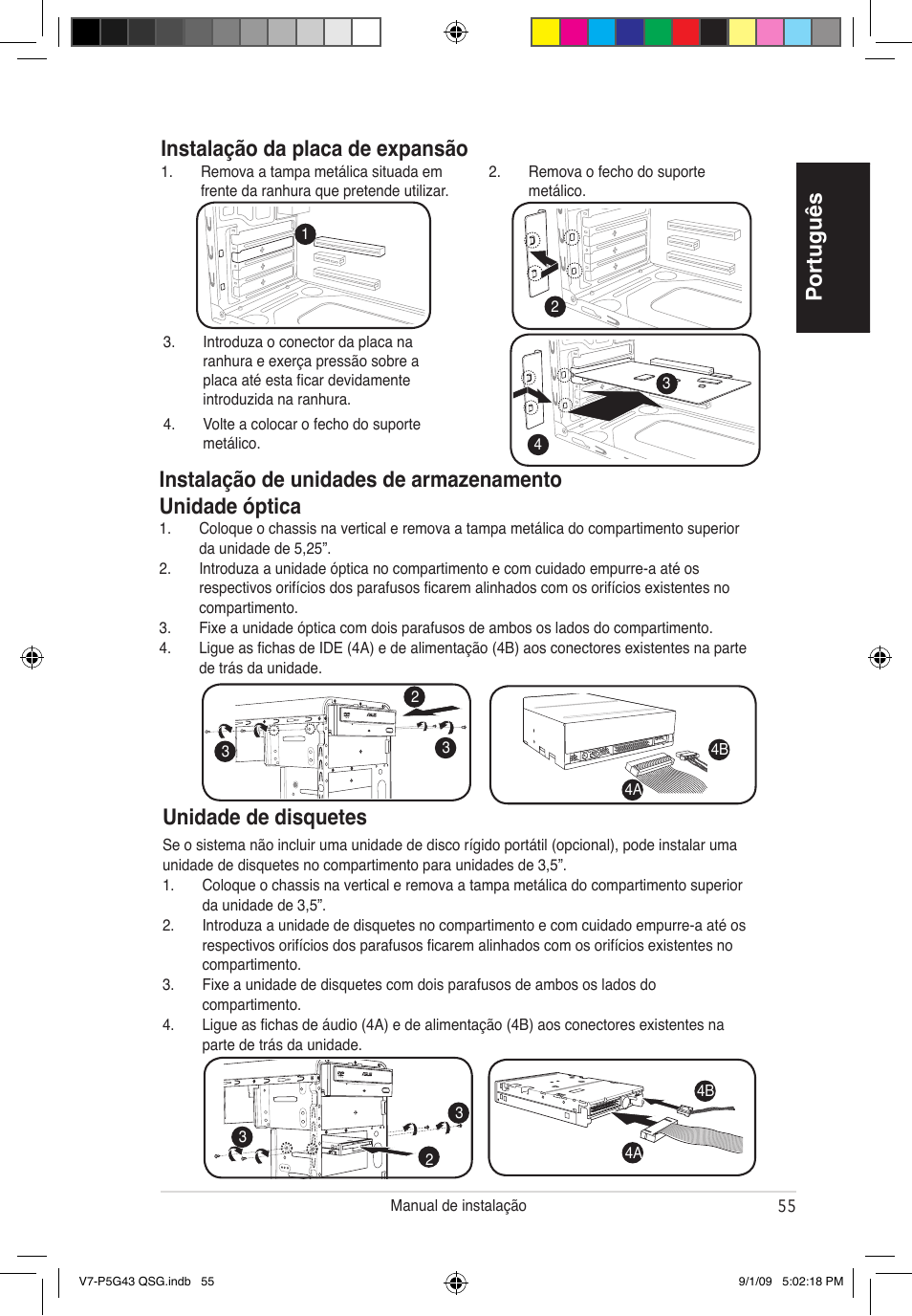 Português instalação da placa de expansão, Unidade de disquetes | Asus V6-P5G31E User Manual | Page 55 / 80