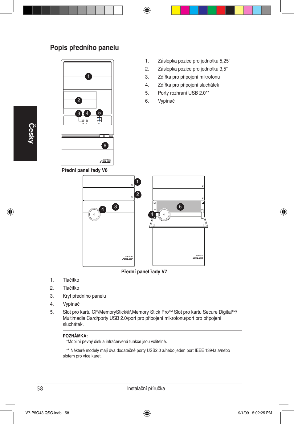 Česky popis předního panelu | Asus V6-P5G31E User Manual | Page 58 / 80