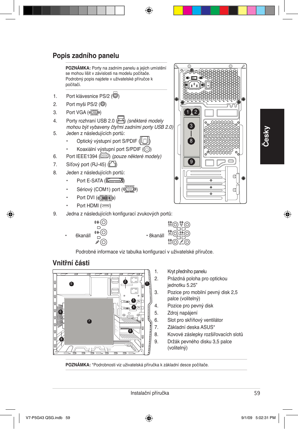 Česky popis zadního panelu, Vnitřní části | Asus V6-P5G31E User Manual | Page 59 / 80