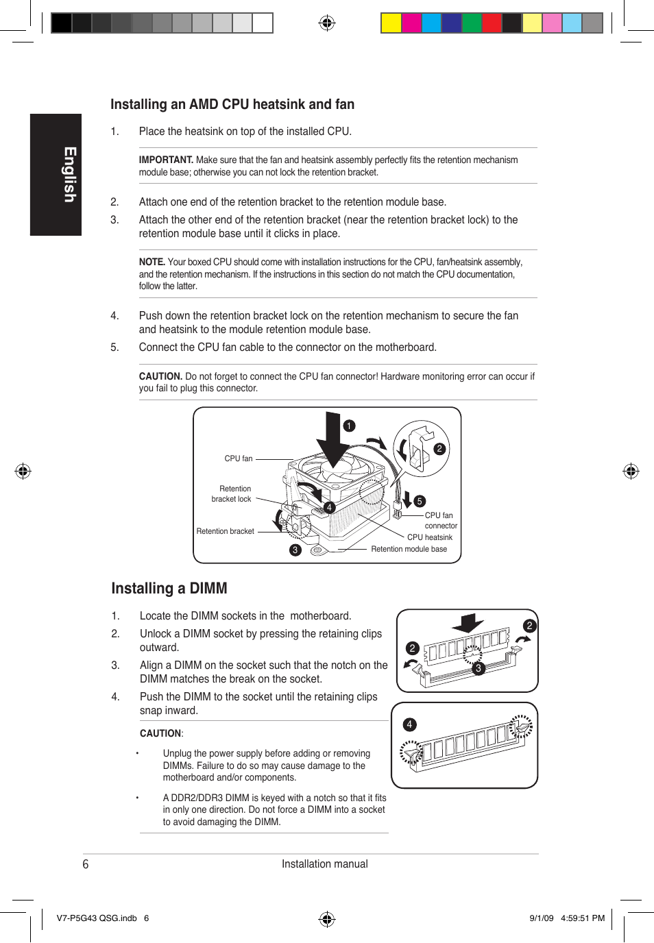 English, Installing a dimm, Installing an amd cpu heatsink and fan | Asus V6-P5G31E User Manual | Page 6 / 80