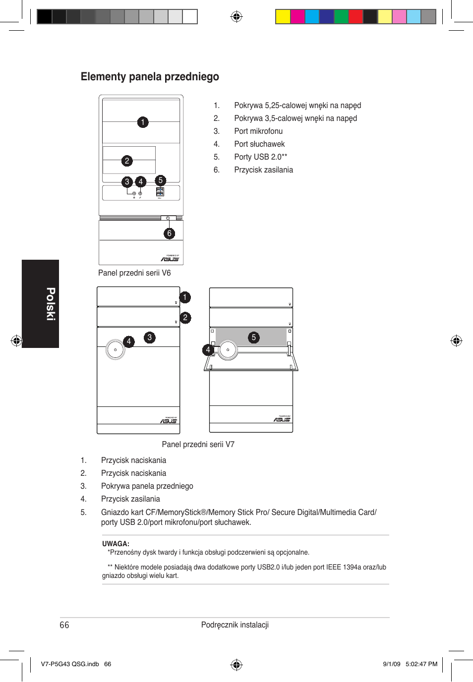 Polski elementy panela przedniego | Asus V6-P5G31E User Manual | Page 66 / 80