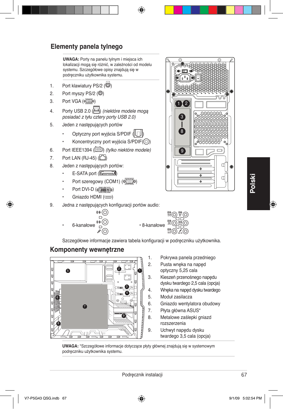 Polski elementy panela tylnego, Komponenty wewnętrzne | Asus V6-P5G31E User Manual | Page 67 / 80