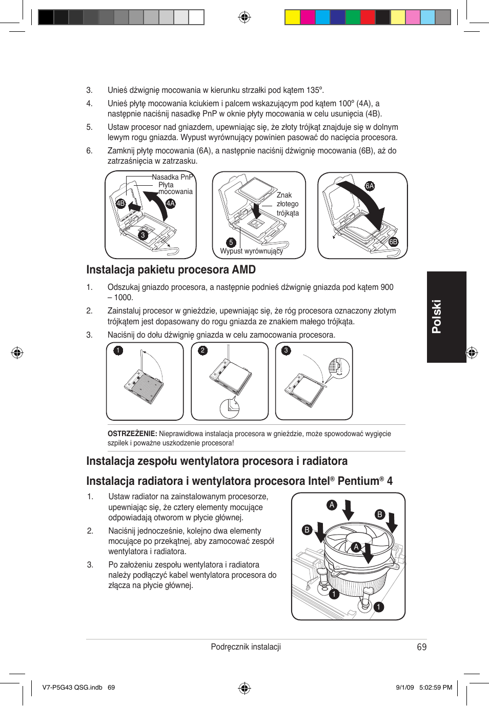 Polski, Instalacja pakietu procesora amd, Pentium | Asus V6-P5G31E User Manual | Page 69 / 80