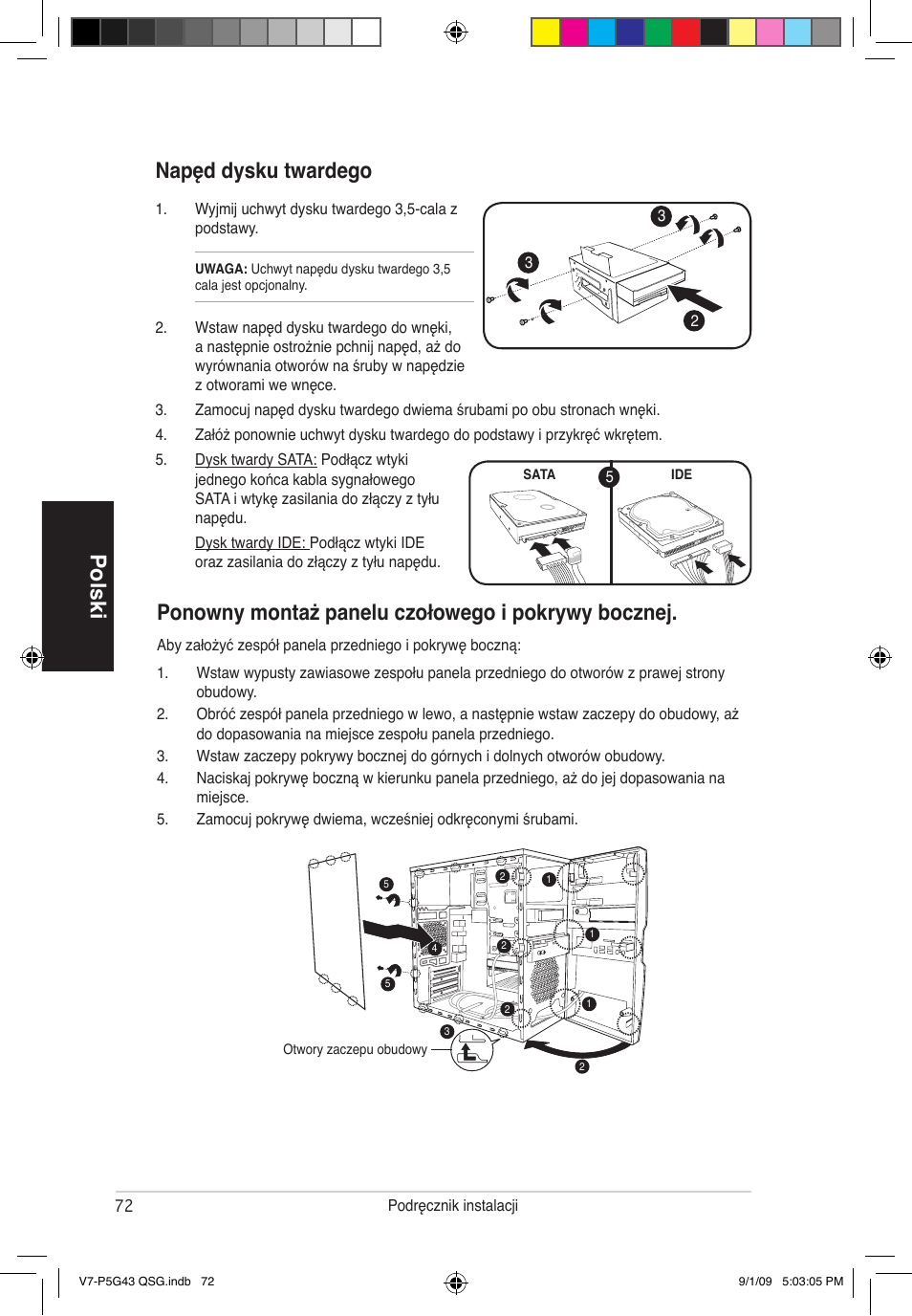 Polski napęd dysku twardego, Ponowny montaż panelu czołowego i pokrywy bocznej | Asus V6-P5G31E User Manual | Page 72 / 80