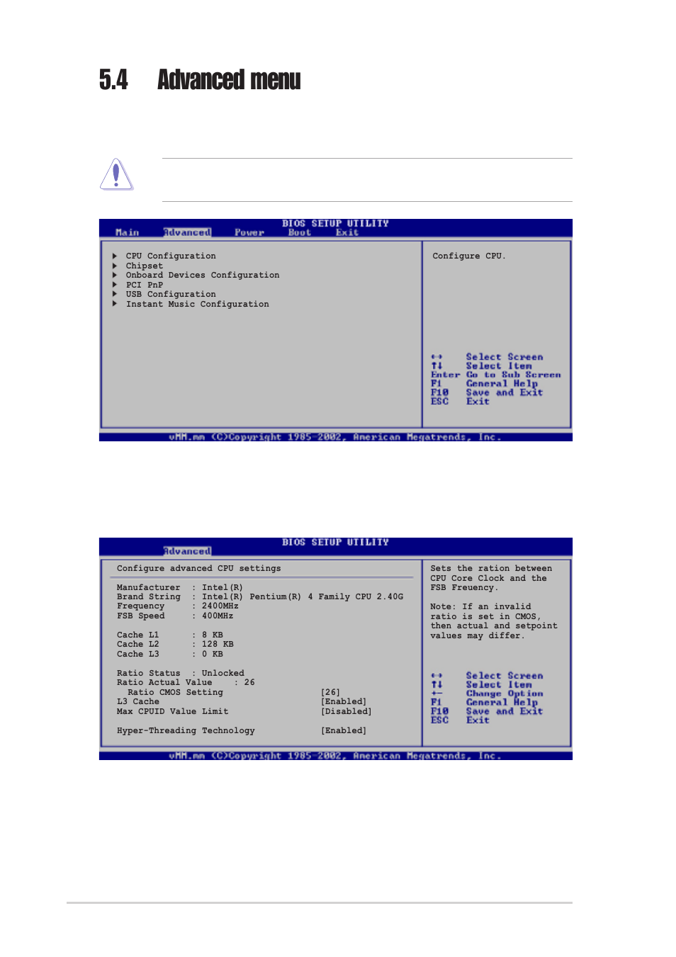 4 advanced menu, 1 cpu configuration, Ratio cmos setting [26 | 104 chapter 5: bios setup | Asus T2-P User Manual | Page 104 / 130