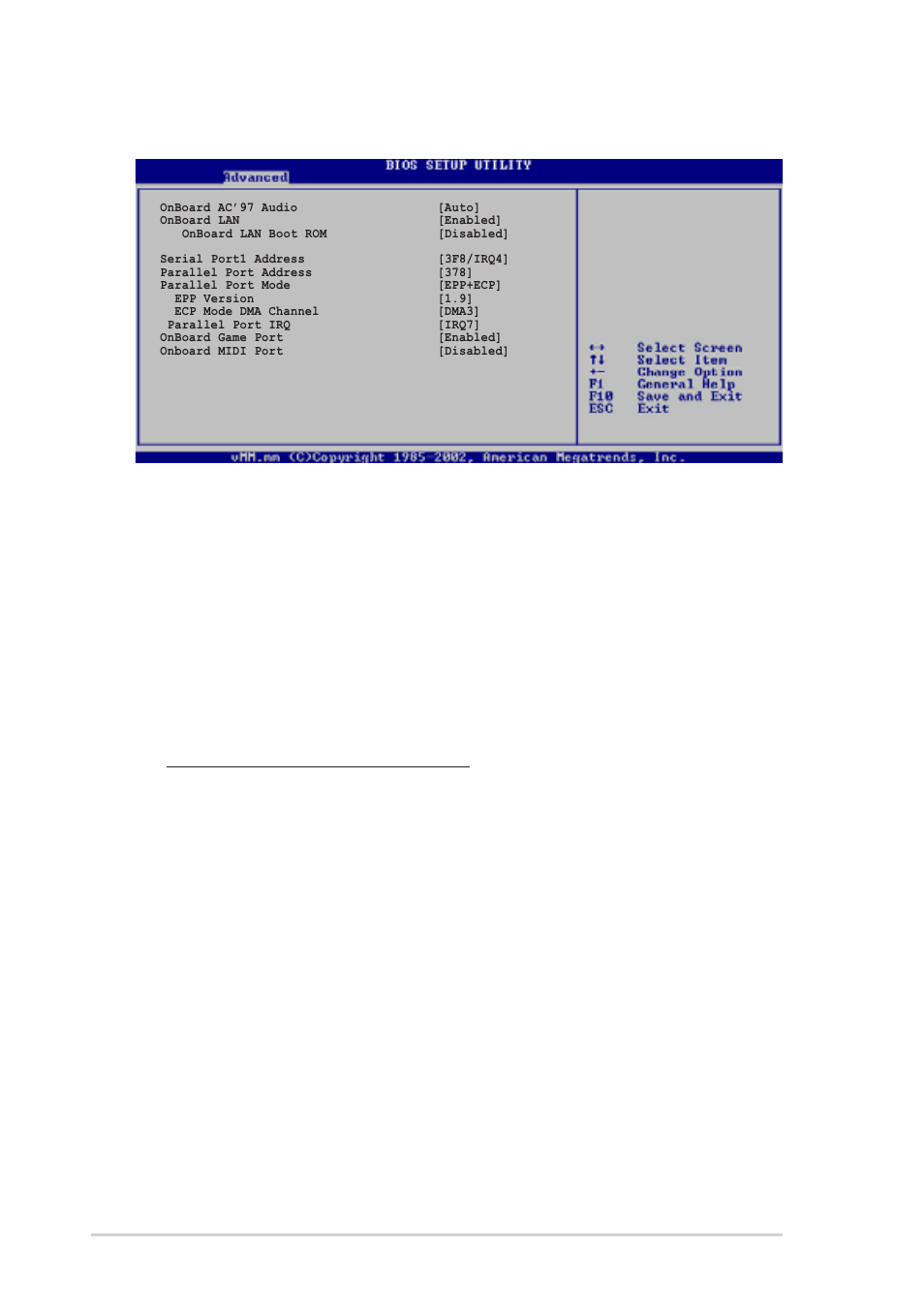 3 onboard devices configuration, Onboard ac’97 audio [auto, Onboard lan [enabled | Serial port1 address [3f8/irq4, Parallel port address [378, Parallel port mode [epp+ecp, 108 chapter 5: bios setup | Asus T2-P User Manual | Page 108 / 130