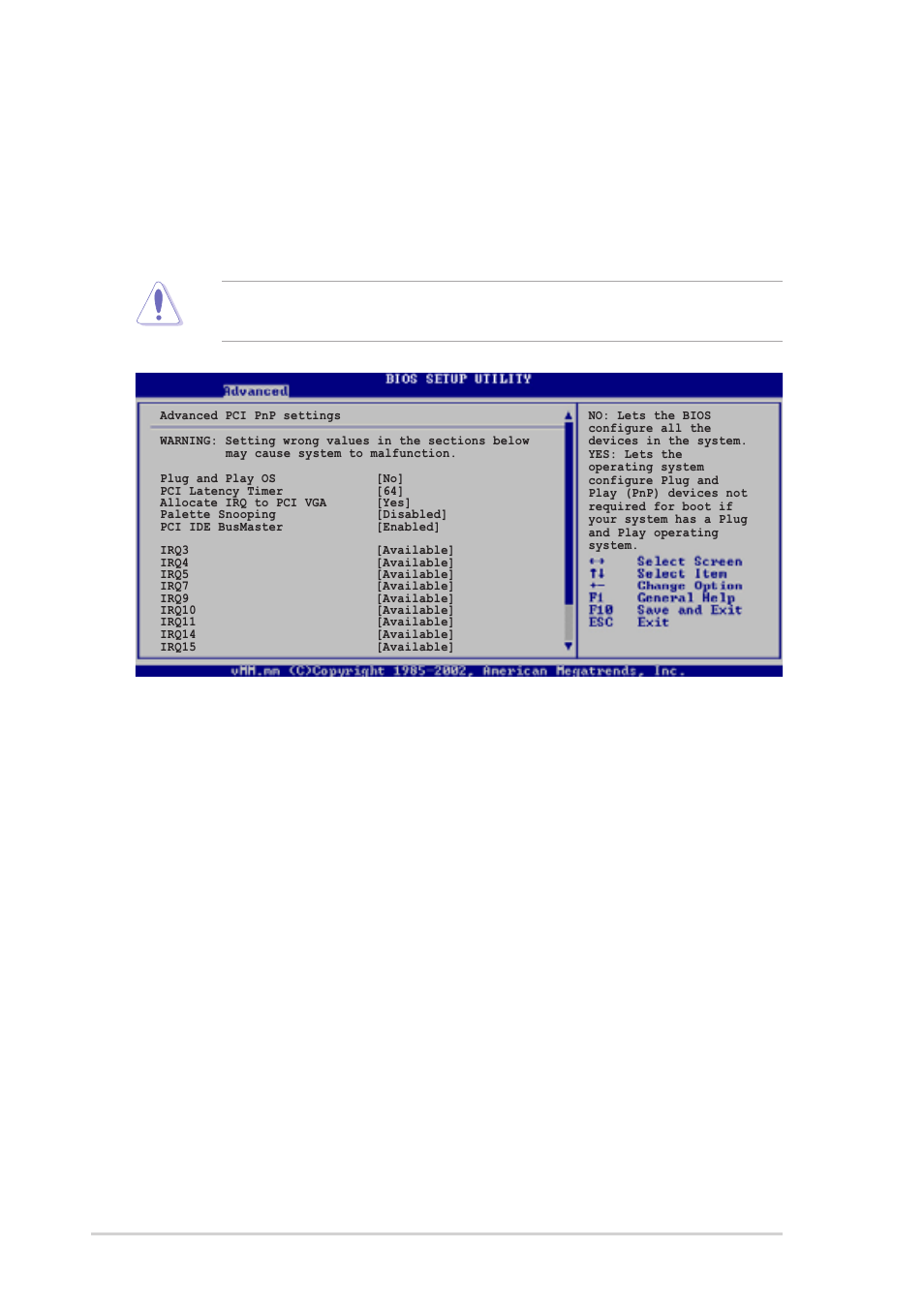 4 pci pnp, Plug and play o/s [no, Pci latency timer [64 | Allocate irq to pci vga [yes, 110 chapter 5: bios setup | Asus T2-P User Manual | Page 110 / 130