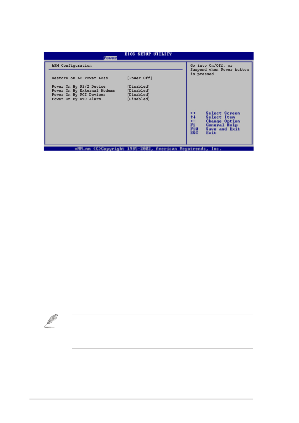 5 apm configuration, Restore on ac power loss [power off, Power on by ps/2 devices [disabled | Power on by external modems [disabled | Asus T2-P User Manual | Page 116 / 130