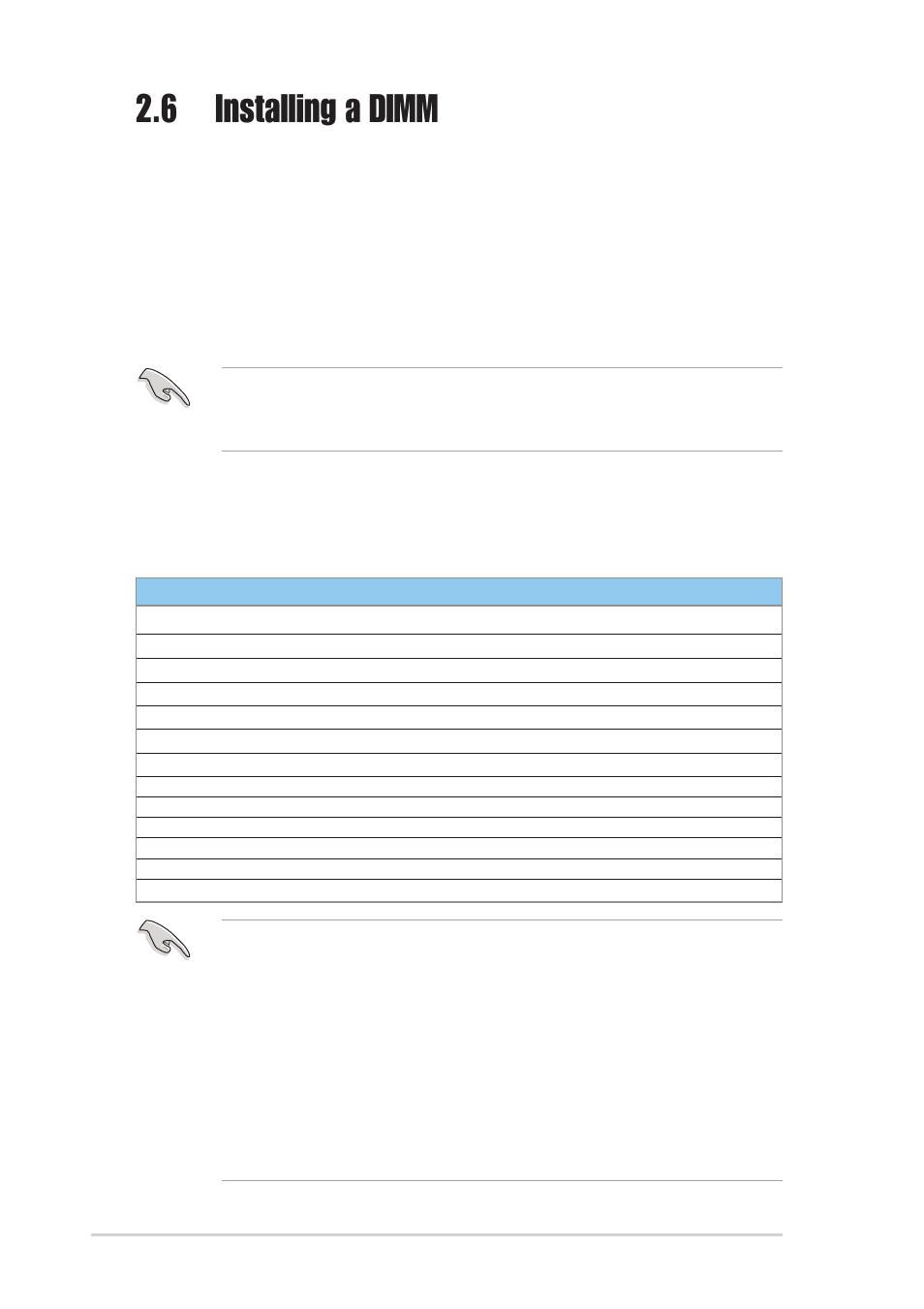 6 installing a dimm, Table 1: qualified ddr400 vendors list, 30 chapter 2: basic installation | Asus T2-P User Manual | Page 30 / 130