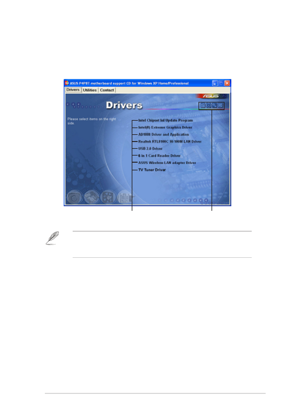 1 running the support cd, 2 drivers menu, Intel chipset inf update program | Intel(r) extreme graphics driver, Ad1888 soundmax, Audio driver | Asus T2-P User Manual | Page 47 / 130