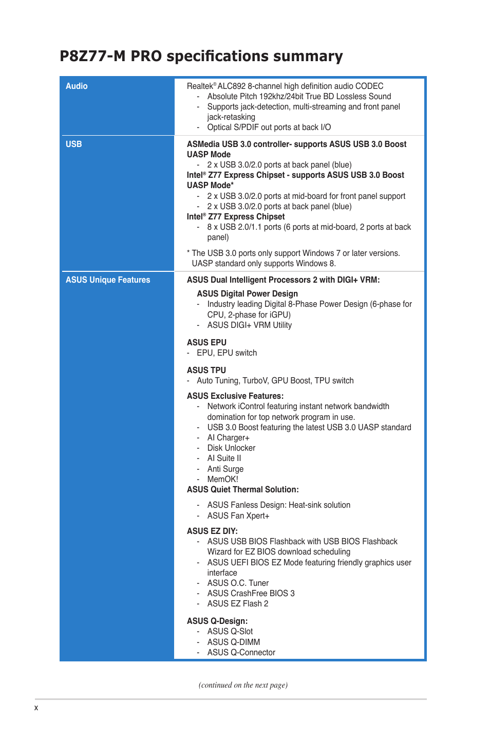 P8z77-m pro specifications summary | Asus P8Z77-M PRO User Manual | Page 10 / 170