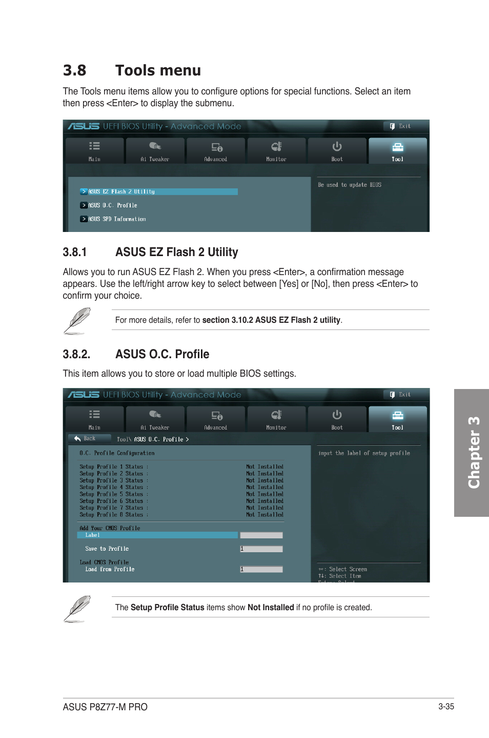 8 tools menu, 1 asus ez flash 2 utility, Asus o.c. profile | Tools menu -35 3.8.1, Asus ez flash 2 utility -35, Asus o.c. profile -35, Chapter 3 3.8 tools menu | Asus P8Z77-M PRO User Manual | Page 103 / 170