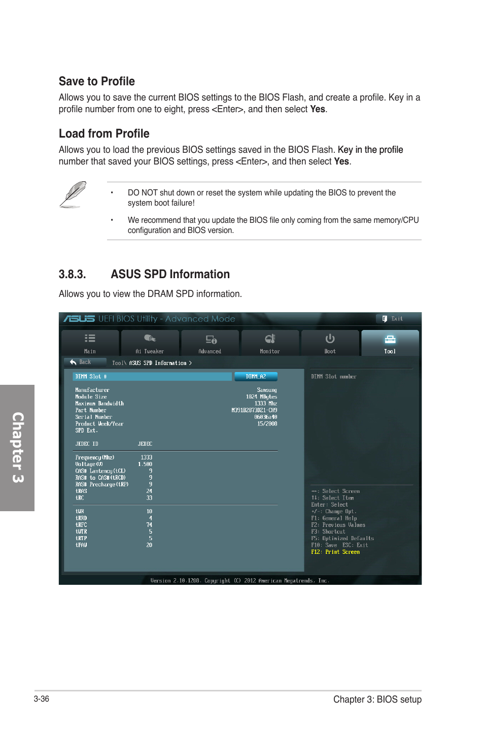 Asus spd information, Asus spd information -36, Chapter 3 | Save to profile, Load from profile | Asus P8Z77-M PRO User Manual | Page 104 / 170