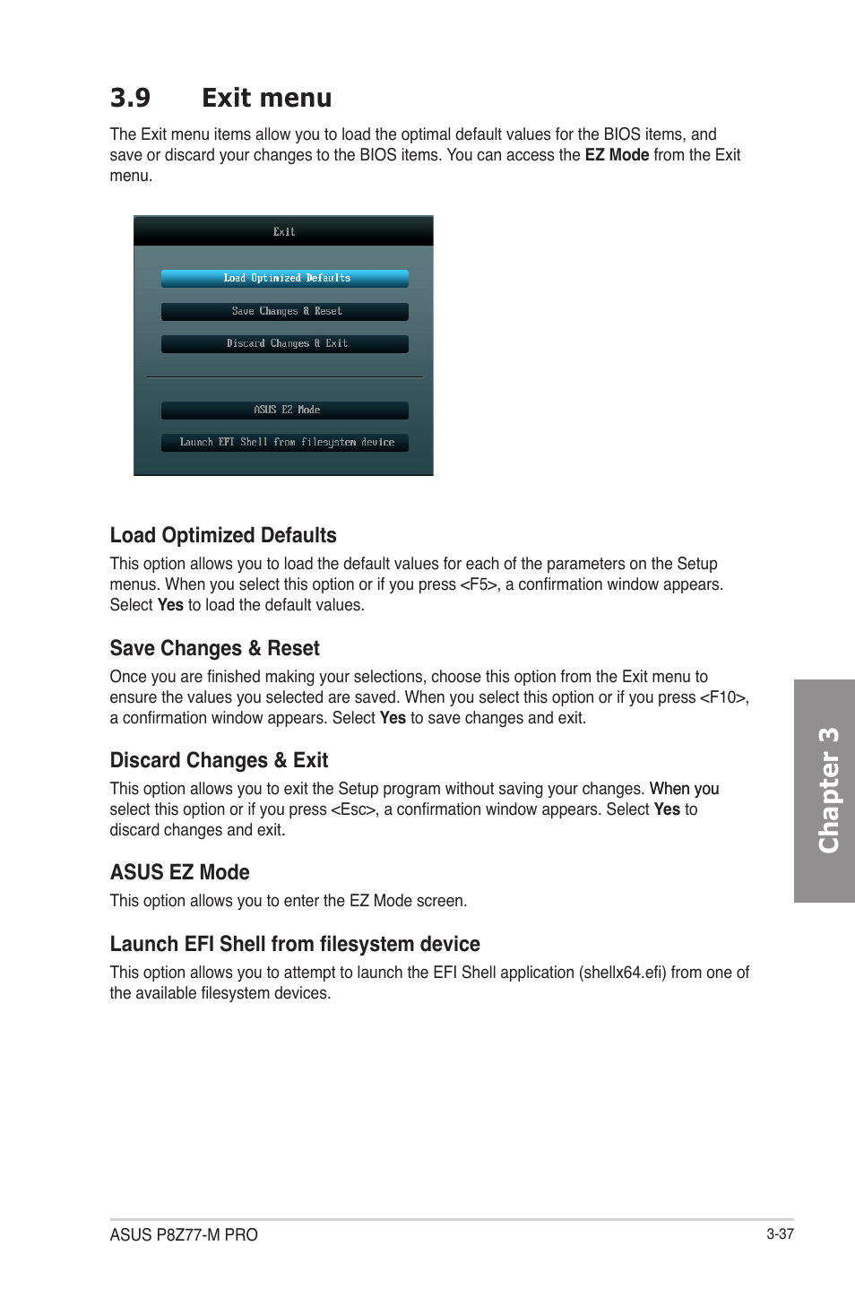 9 exit menu, Exit menu -37, Chapter 3 3.9 exit menu | Asus P8Z77-M PRO User Manual | Page 105 / 170