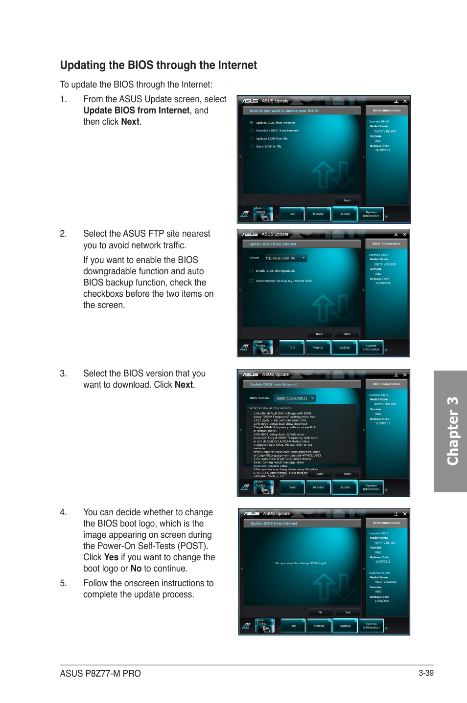 Chapter 3, Updating the bios through the internet | Asus P8Z77-M PRO User Manual | Page 107 / 170