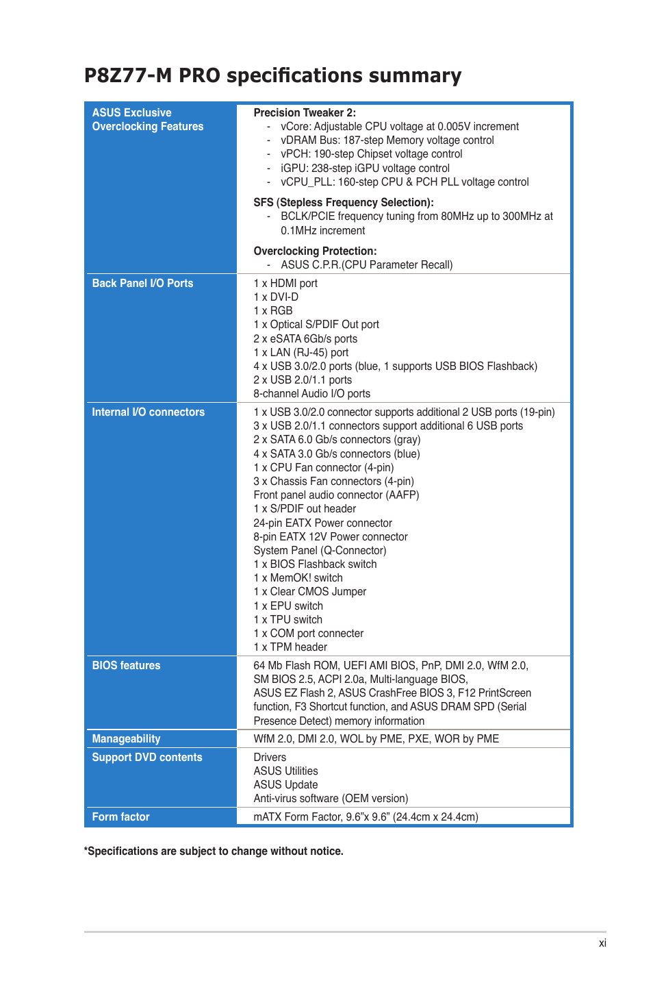 P8z77-m pro specifications summary | Asus P8Z77-M PRO User Manual | Page 11 / 170