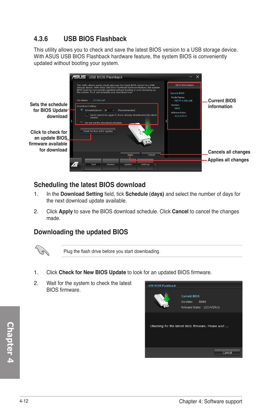 6 usb bios flashback, Usb bios flashback -12, Chapter 4 | Scheduling the latest bios download, Downloading the updated bios | Asus P8Z77-M PRO User Manual | Page 124 / 170